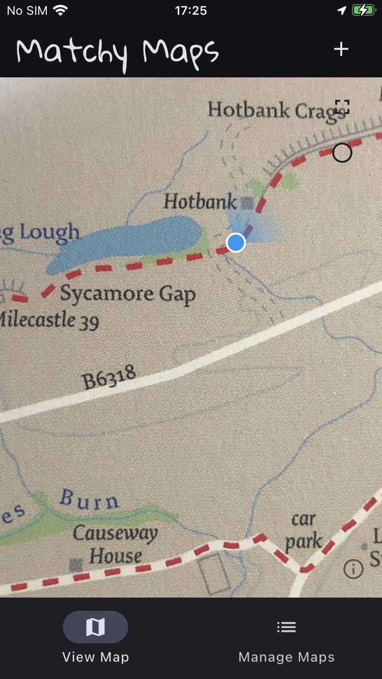 A screenshot of Matchy Maps. It shows a walking map with the user`s location, near to Sycamore Gap.