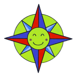 A compass rose with a happy smiling face, in a childlike style